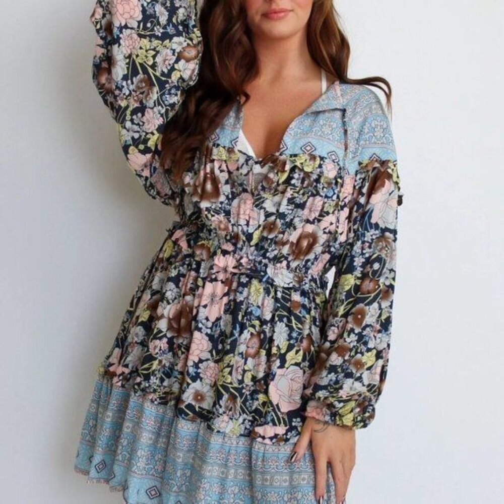 Saints & Hearts Floral Long Sleeve Dress M Boho Cottagecore Hippie Flowy Western